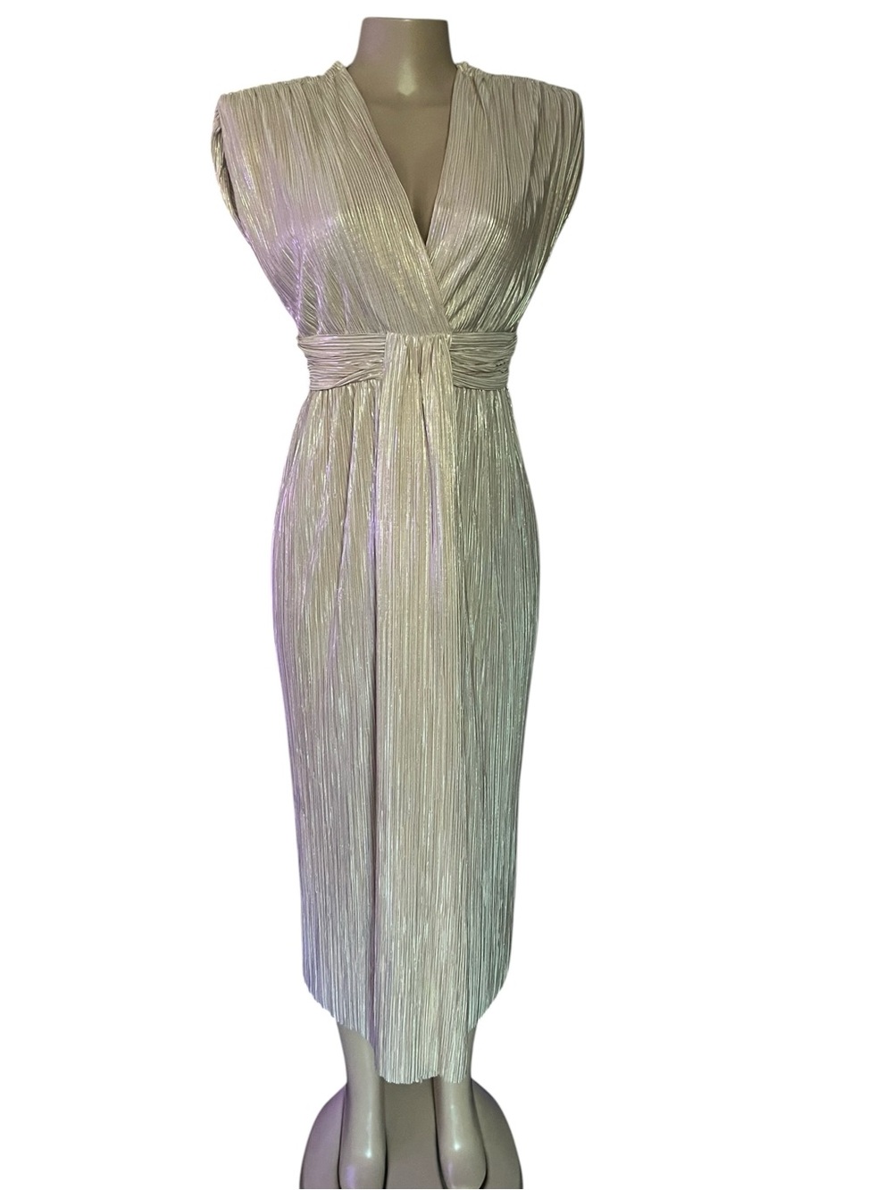 Sabina Musayev Pleated V-Neck Maxi Dress in Blush Cream - Picture 2 of 5